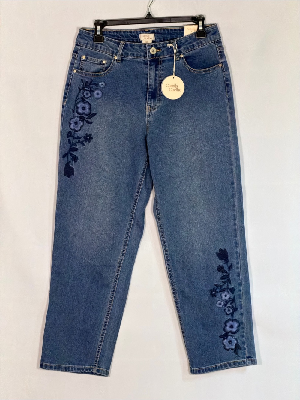 Camila Coelho Women’s Size 8 Floral Embroidered Straight Ankle Jeans NWT